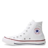 Championes Converse Chuck Taylor All Star de caña alta, color blanco, con detalles en rojo y azul en la suela.