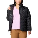 Campera puffer Columbia modelo Delta Ridge II Jacket Heat Seal, color negro con diseño de chevron termosellado, cuello alto, cierre frontal y bolsillos laterales con cierre. Incluye la tecnología Omni-Heat reflectante y aislamiento de plumón.