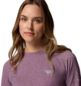 Remera de manga larga Columbia, modelo Uncharted Knit Ls, color violeta melange, diseñada con tecnología de absorción de humedad y protección solar. Cuenta con cuello redondo y aberturas para los pulgares en los puños.
