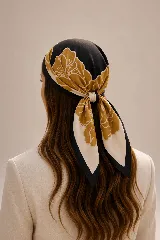 Pañuelo cuadrado con diseño floral estilizado en tonos mostaza sobre un fondo dividido en negro y beige, con borde negro.