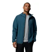 Campera cortaviento Columbia Trailborne Jacket Omni-Shield, color azul, con capucha incorporada, cierre frontal y bolsillos laterales con cremallera. Incorpora tecnología repelente a la humedad y manchas.