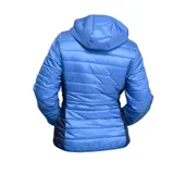 Campera puffer azul con paneles laterales celestes, capucha y cierre frontal. Lleva el logo de Umbro bordado en blanco en el pecho izquierdo y el escudo del Club Nacional de Football en el pecho derecho.