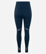 Legging deportiva de tiro alto en color azul oscuro, confeccionada en microfibra de poliamida y elastano. Presenta recortes laterales en tela de malla para mayor transpirabilidad y un ajuste ceñido al cuerpo, ideal para actividades de alta intensidad.