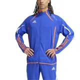 Campera Adidas F50 Woven color azul con detalles en naranja y blanco. Cuenta con cierre frontal, bolsillos con cremallera e inscripción F50 en el hombro y la espalda.