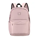 Mochila de lona impermeable color rosa con correas ajustables y bolsillo lateral.