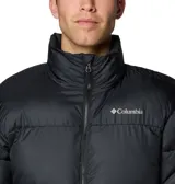 Campera puffer Columbia modelo Puffect III, color negro, con cierre frontal completo, cuello alto, bolsillos laterales con cierre y logo de la marca bordado en el pecho.