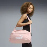 Bolso deportivo Puma modelo Phase Small, color rosa, con cierre principal, bolsillo frontal con cierre y compartimento lateral de malla. Incluye asas de mano y logo de la marca estampado en blanco.