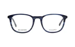 Armazón para lentes de acetato color azul con diseño jaspeado y forma redonda.