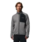 Campera técnica de polar Columbia Titanium, color gris con textura microperforada y panel frontal superior en negro. Cuenta con cierre frontal completo, cuello alto, bolsillo en el pecho con cierre, mangas largas con orificios para pulgares y ribetes elásticos en puños y dobladillo.