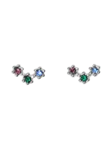 Par de aros tipo ear climber plateados con diseño de tres flores pequeñas, cada una con un cristal engarzado en colores rosa, verde y azul.