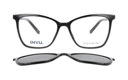 Lentes de receta con armazón negro de estilo cat-eye y clip-on solar magnético desmontable. Incluye estuche y paño de limpieza.