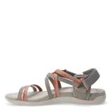 Sandalias Merrell modelo Terran 3 Cush Lattice, color gris taupe con detalles de tiras naranjas con bordado en zig-zag. Cuentan con tiras cruzadas, ajuste de velcro en el talón y suela acolchada.