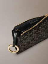 Tarjetero Calvin Klein de color negro con estampado monograma geométrico en tono beige, cierre superior con cremallera y herrajes dorados.