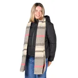 Bufanda de tejido grueso con diseño de rayas horizontales en tonos beige, gris y detalles en rojo.