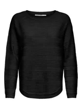 Sweater negro de punto acanalado con cuello redondo y manga larga, de calce regular.