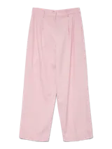 Pantalón sastrero wide leg rosado de tiro medio, con bolsillos delanteros, presillas para cinturón y raya marcada en las piernas.