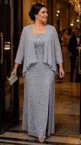 Vestido largo de encaje gris con tajo lateral, escote cuadrado y detalle de perlas en el borde superior. Incluye una chaqueta tipo bolero de gasa al tono con mangas tres cuartos.