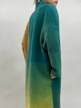 Tapado largo de lana merino afieltrada con diseño de paneles en degradé de tonos verdes y ocres. Presenta hombros caídos, mangas rectas, bolsillos laterales y cierre frontal con broches ocultos.