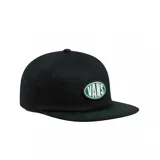 Gorra negra de Vans con logo ovalado bordado en verde y blanco en el frente.