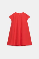 Vestido corto Zara Woman Collection de mezcla de algodón en color rojo, con cuello redondo, manga corta, bolsillos laterales ocultos y diseño en línea evasé con cierre de cremallera en la espalda.