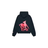 Hoodie oversize azul marino con capucha, confeccionado con diseño holgado y estampa gráfica rosada en la espalda con forma de animal y tipografía.