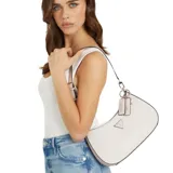 Cartera Guess modelo Noelle II, color hueso con detalles en negro y herrajes dorados. Tiene correa de hombro ajustable y removible, cierre superior con cremallera, bolsillo frontal con cierre, compartimentos interiores y llavero colgante con logo de la marca.