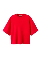 Chaleco de punto rojo de cuello redondo y mangas cortas holgadas.