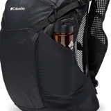 Mochila técnica Columbia de 30 litros en color negro, diseñada para senderismo y actividades al aire libre. Cuenta con respaldo de malla transpirable, estructura de acero elástico, sistema de compresión lateral, múltiples bolsillos organizadores, compartimento para bolsa de hidratación y cinturón lumbar ajustable.