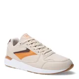 Championes urbanos N+ modelo Alberca, color beige con detalles en naranja y marrón. Presentan diseño acordonado, puntera perforada y suela blanca con base de goma.