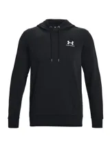Buzo con capucha Under Armour de color negro, confeccionado en forro polar de mezcla de algodón con interior cepillado. Presenta bolsillo canguro delantero, puños y bajo acanalados, y el logotipo de la marca bordado en el pecho.