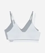 Kit de dos soutienes sin copa ni aro, uno blanco y otro gris, confeccionados en tejido seamless texturizado de microfibra. Ambos tienen escote en V, breteles finos ajustables y una banda elástica con el logo "Lov" en la parte inferior.
