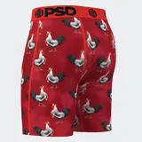 Calzoncillos bóxer rojos con estampado de gallos y cintura elástica roja con logo de la marca PSD en negro.