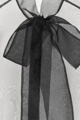 Camisa semitransparente de organza con cuello subido y lazada frontal del mismo tejido. Presenta manga larga con puños abotonados y cierre frontal con botones ocultos.