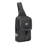 Bolso bandolera unisex Caterpillar Ajo Peak Sling Bag, color negro con diseño texturizado, correa cruzada ajustable, bolsillo frontal con solapa y cierre de hebilla, y detalles reflectantes con el logotipo de la marca.