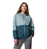 Campera cortavientos Columbia Flash Forward II para mujer, en diseño bicolor con tonos celestes y azul oscuro. Cuenta con capucha ajustable, cierre frontal, bolsillos con cremallera y puños elásticos.