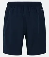 Bermuda deportiva gris con cintura elástica, cordón de ajuste, bolsillos con cremallera, recorte lateral con agujeritos y abertura en el bajo.