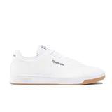 Championes Reebok Court Clean de hombre, color blanco con detalles en azul marino y suela de goma color caramelo.
