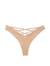 Panty tipo tanga tiro alto color praline, confeccionada en tela suave con acabado satinado y diseño cavado.