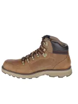 Bota de cuero color marrón con diseño robusto, cordones frontales con ganchos metálicos, cuello acolchado y suela de goma con relieve para mayor tracción.
