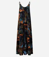 Vestido largo negro con estampado tropical y de animales, de corte evasé, tirantes finos regulables y escote en U.