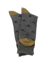 Medias de largo medio en color gris oscuro con estampado de bicicletas pequeñas en negro. Presentan talón y puntera en color tostado y cuentan con tecnología de puño suave.