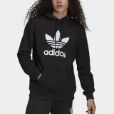 Canguro negro Adidas con capucha y bolsillo tipo canguro. Logo Adidas Trefoil estampado en blanco en el pecho.