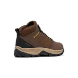 Bota de senderismo Columbia Transverse Hike, color marrón con detalles en negro y beige. Presenta construcción impermeable y transpirable, con parte superior de piel y malla, entresuela amortiguadora y suela de alta tracción.
