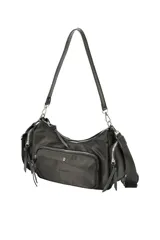 Cartera negra de poliamida con múltiples bolsillos con cierre, correa ajustable y detalles metálicos plateados.
