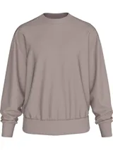 Buzo de poliéster color gris topo, con cuello redondo, puños y dobladillo en punto canalé. Presenta un corte relajado y cinta decorativa con logo de la marca en los laterales.