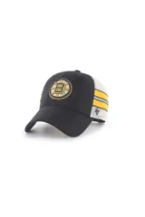 Gorra tipo trucker con corona reforzada de seis paneles y visera curva. Presenta el logo de los Boston Bruins bordado en el frente y franjas laterales con los colores del equipo. Cuenta con cierre trasero ajustable de plástico.