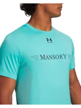Remera deportiva Under Armour de la colaboración con Mansory, color turquesa, con cuello redondo, manga corta y estampado frontal con el logo de la marca. Confeccionada en tejido técnico de poliéster con panel trasero de jacquard para mayor transpirabilidad.