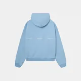 Hoodie oversized de color celeste, con capucha, bolsillo tipo canguro y estampado frontal en color blanco de la marca Eme Studios.