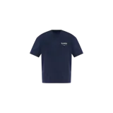 Remera azul marino de manga corta, con cuello redondo y el logotipo de la marca Allsaints estampado en pequeño en el pecho.