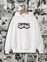 Canguro blanco con capucha y bolsillo delantero, con estampa de la palabra "OPPAI" y un diseño de senos estilizados en color negro. Estampado con vinilo textil.